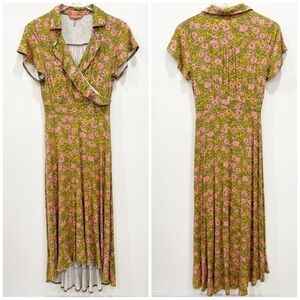 Modcloth Floral Wrap Midi Dress Retro Print Pink Green Short Sleeve Flowy Small